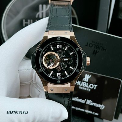 Đồng hồ Hublot Nam máy lộ cơ viền gold rose dây bọc da cao cấp