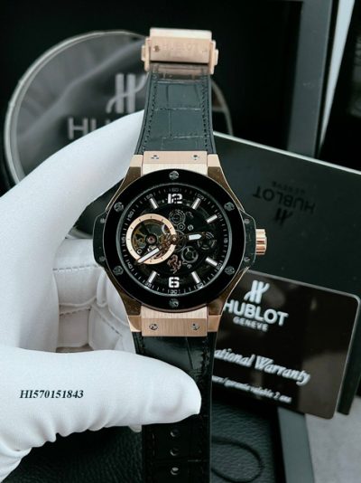 Đồng hồ Hublot Nam máy lộ cơ viền gold rose dây bọc da cao cấp