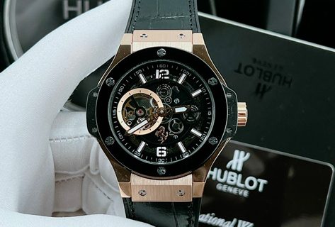 Đồng hồ Hublot Nam máy lộ cơ viền gold rose dây bọc da cao cấp