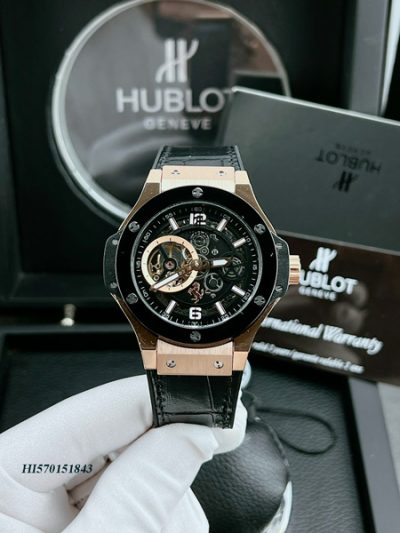 Đồng hồ Hublot Nam máy lộ cơ viền gold rose dây bọc da cao cấp