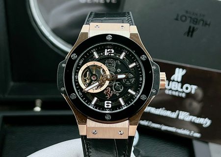 Đồng hồ Hublot Nam máy lộ cơ viền gold rose dây bọc da cao cấp