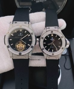 Đồng hồ Nam Nữ Hublot cơ đính đá dây cao su bọc da màu xanh