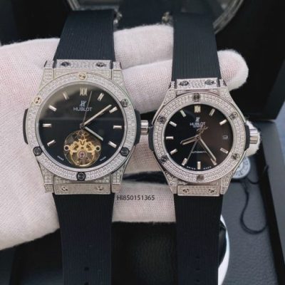 Đồng hồ Nam Nữ Hublot cơ đính đá dây cao su bọc da màu xanh