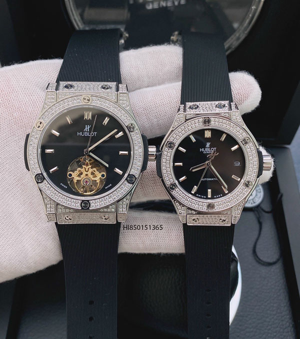 Đồng hồ Nam Nữ Hublot cơ đính đá dây cao su bọc da màu xanh