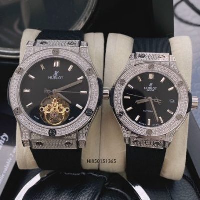 Đồng hồ Nam Nữ Hublot cơ đính đá dây cao su bọc da màu xanh