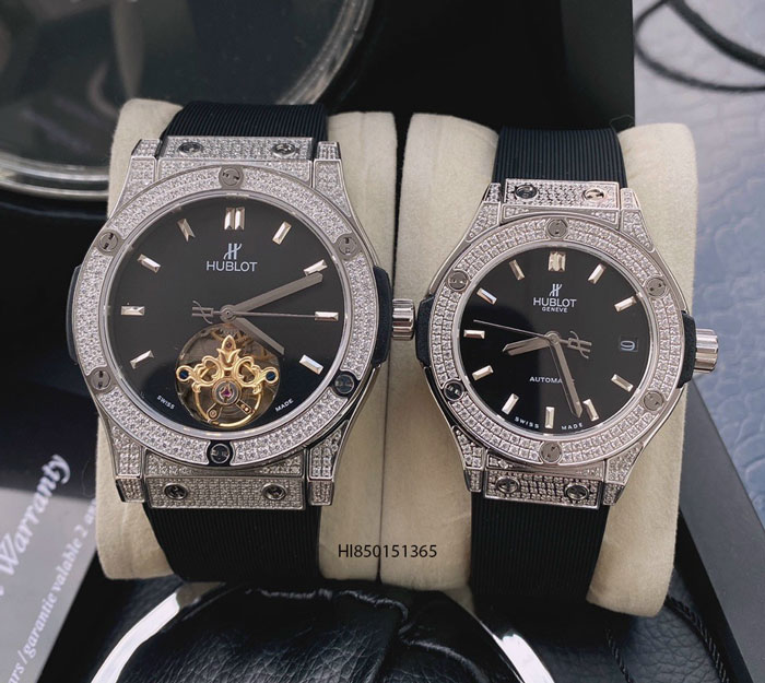 Đồng hồ Nam Nữ Hublot cơ đính đá dây cao su bọc da màu xanh