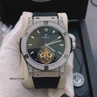 Đồng hồ Hublot cơ Thụy Sĩ đính đá dây cao su màu đen