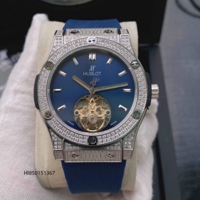 Đồng hồ Nam Hublot máy cơ đính đá dây cao su màu xanh cao cấp