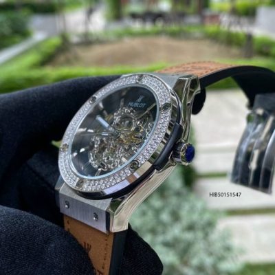 Đồng hồ Hublot nam máy cơ đính đá cao cấp bọc da nâu