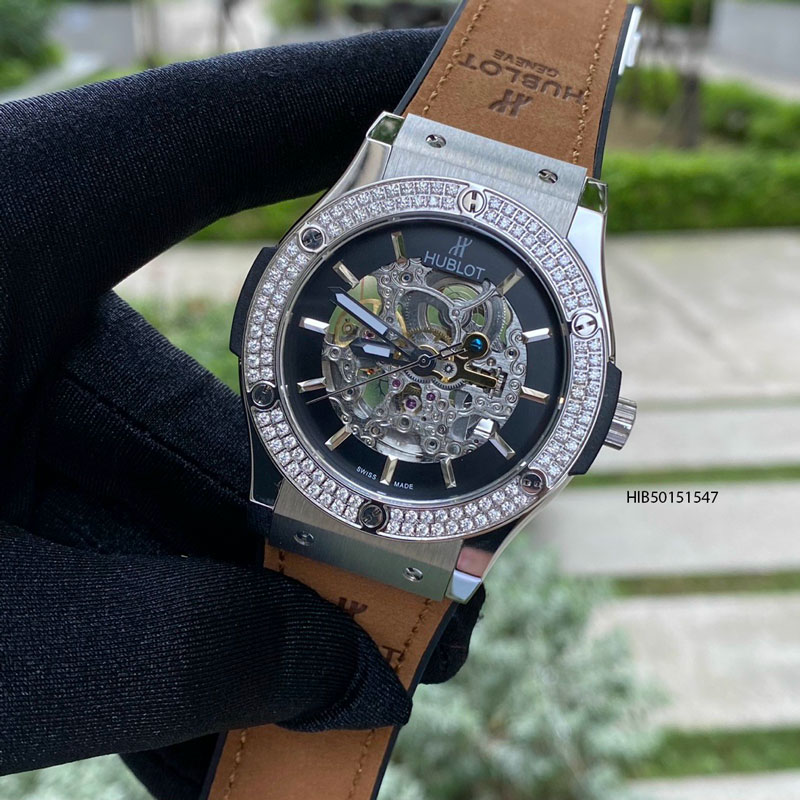 Đồng hồ Hublot nam máy cơ đính đá cao cấp bọc da nâu