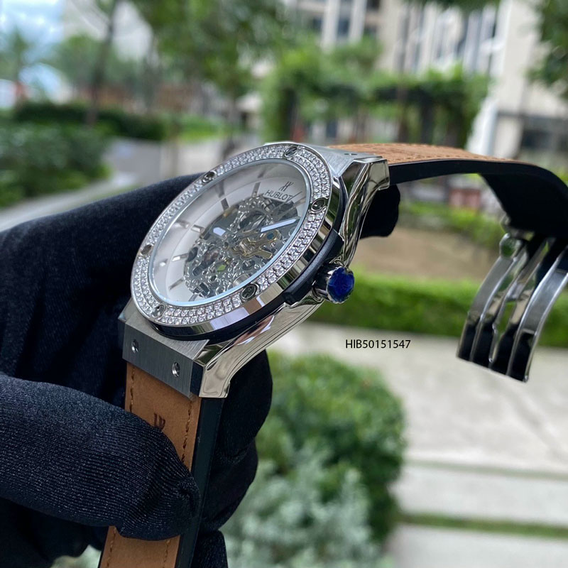 Đồng hồ Hublot nam máy cơ đính đá cao cấp bọc da nâu