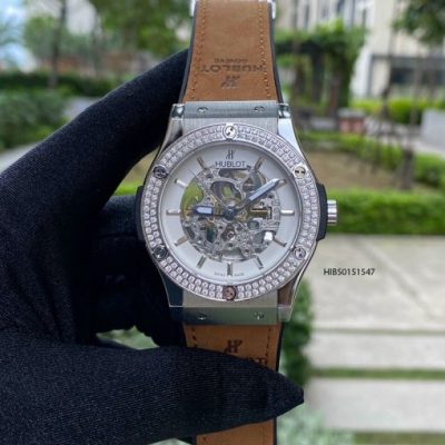 Đồng hồ Hublot nam máy cơ đính đá cao cấp bọc da nâu