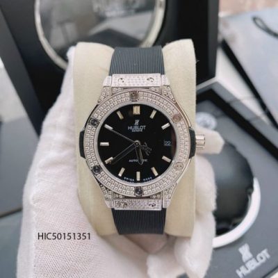 Đồng hồ Hublot nữ máy cơ viền đính đá dây cao su màu đen