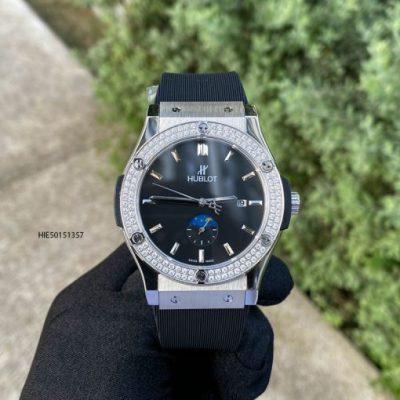 Đồng hồ Nam Hublot cơ đính đá dây cao su bọc da màu đen