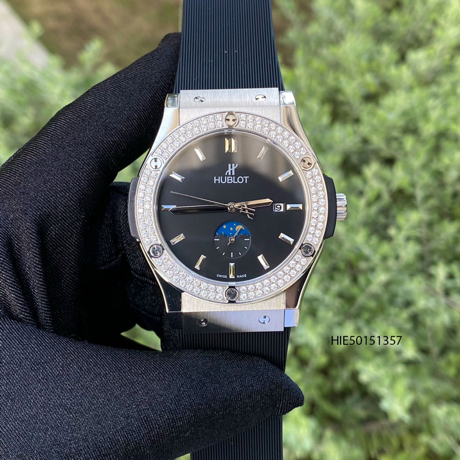 Đồng hồ Nam Hublot cơ đính đá dây cao su bọc da màu đen