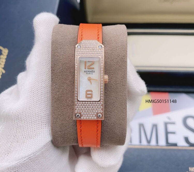 Đồng Hồ nữ Hermess Heure H Double Jeu mặt đính hột kim cương nhân tạo