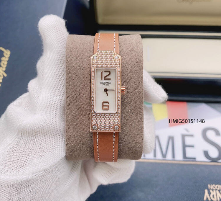 Đồng Hồ nữ Hermess Heure H Double Jeu mặt đính hột kim cương nhân tạo