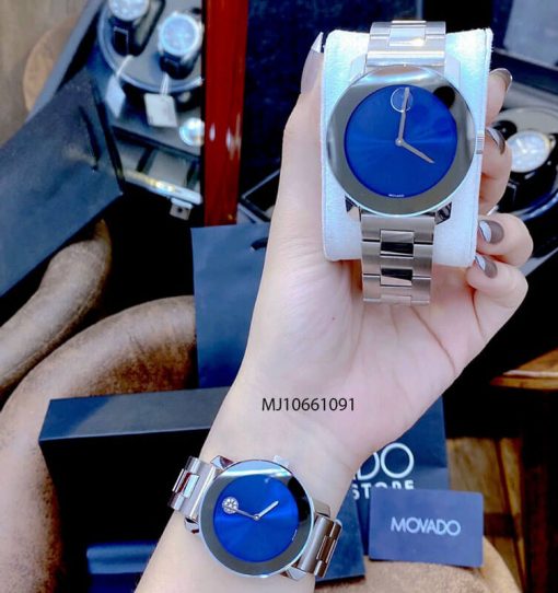MJ10661091-Movado-bac-Xanh-8 Đồng hồ cặp đôi Movado dây thép không gỉ bạc mặt đen