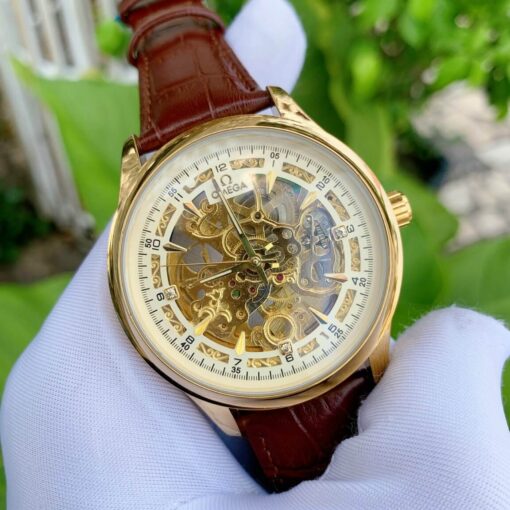OE50201902-omea cơ nam dây da lộ cơ (1) Đồng hồ nam Omega máy lộ cơ dây da nâu viền vàng