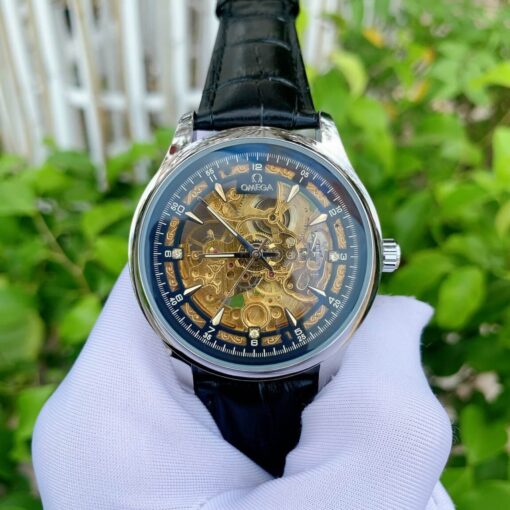 OE50201902-omea cơ nam dây da lộ cơ (3) Đồng hồ nam Omega máy lộ cơ dây da đen viền bạc