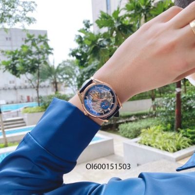 Đồng hồ nam Omega máy lộ cơ viền vàng dây da cao cấp