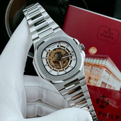 Đồng hồ nam Patek Philippe Nautilus máy lộ cơ mặt trắng cao cấp