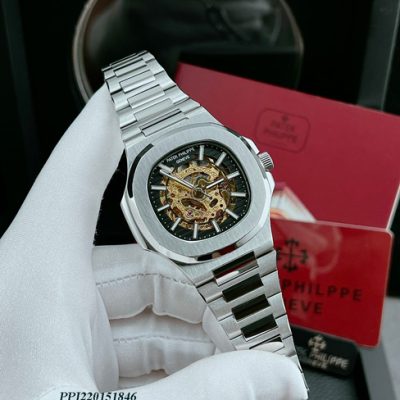 Đồng hồ nam Patek Philippe Nautilus máy lộ cơ dây bạc cao cấp