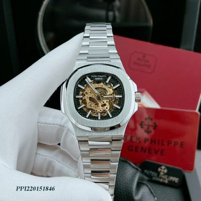 Đồng hồ nam Patek Philippe Nautilus máy lộ cơ dây bạc cao cấp