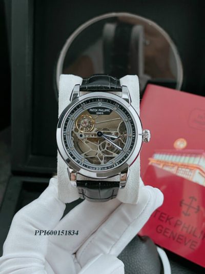 Đồng hồ nam Patek Philippe máy lộ cơ trong suốt viền bạc cao cấp