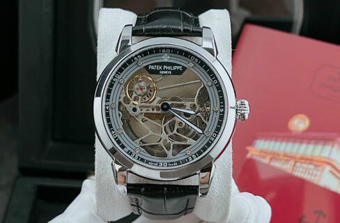 Đồng hồ nam Patek Philippe máy lộ cơ trong suốt viền bạc cao cấp