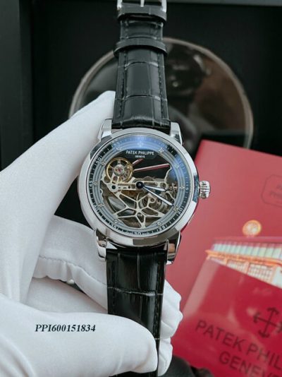 Đồng hồ nam Patek Philippe máy lộ cơ trong suốt viền bạc cao cấp