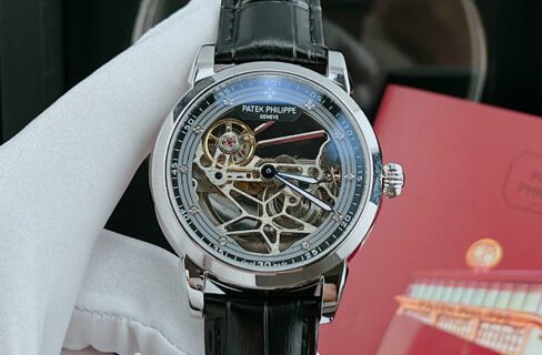 Đồng hồ nam Patek Philippe máy lộ cơ trong suốt viền bạc cao cấp