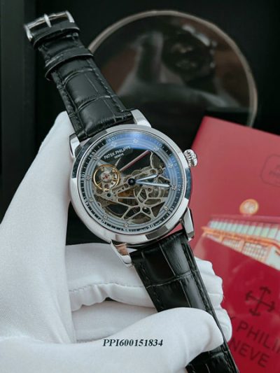 Đồng hồ nam Patek Philippe máy lộ cơ trong suốt viền bạc cao cấp