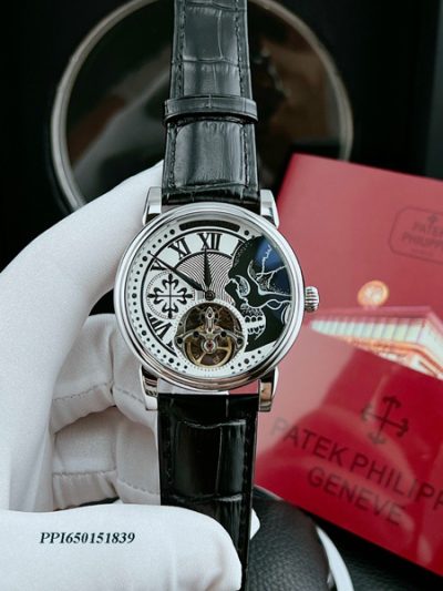 Đồng hồ nam Patek Philippe máy lộ cơ dây da đen cao cấp