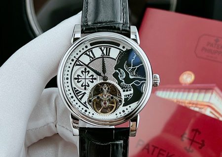 Đồng hồ nam Patek Philippe máy lộ cơ dây da đen cao cấp