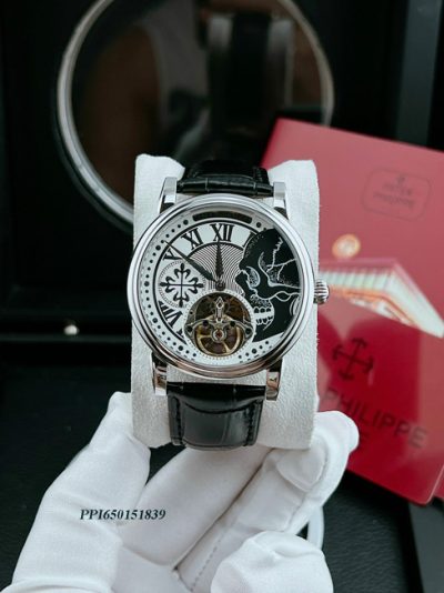 Đồng hồ nam Patek Philippe máy lộ cơ dây da đen đầu lâu cao cấp