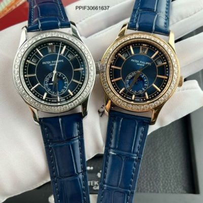 Đồng Hồ Nam Patek Philippe máy cơ viền đính đá cao cấp dây da xanh