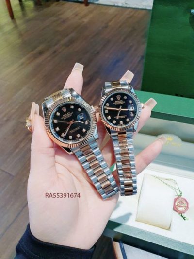 Đồng Hồ Rolex Cặp Nam Nữ viền đính đá dây demi