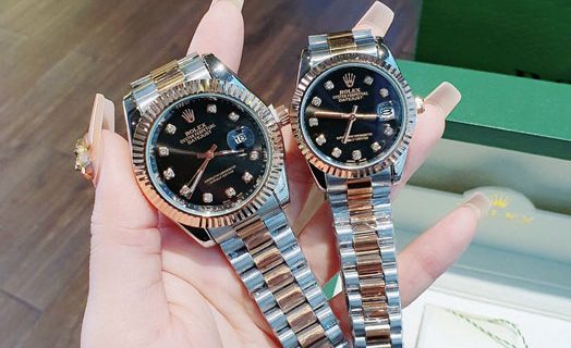 Đồng Hồ Rolex Cặp Nam Nữ viền đính đá dây demi