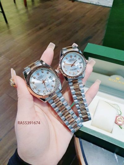 Đồng Hồ Rolex Cặp Nam Nữ viền đính đá dây demi mặt trắng