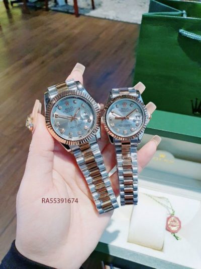 Đồng Hồ Rolex Cặp Nam Nữ viền đính đá dây demi mặt xám