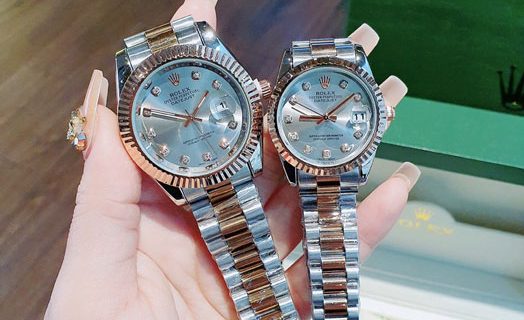 Đồng Hồ Rolex Cặp Nam Nữ viền đính đá dây demi mặt xám