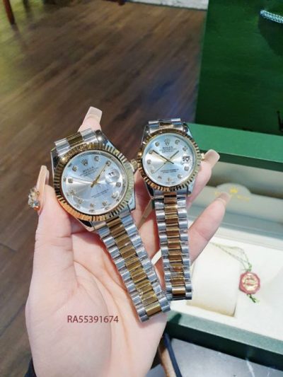 Đồng Hồ Rolex Cặp Nam Nữ viền đính đá dây demi mặt xám