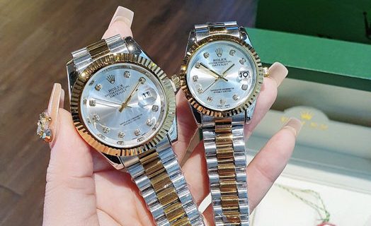 Đồng Hồ Rolex Cặp Nam Nữ viền đính đá dây demi mặt xám