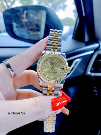 Đồng Hồ Rolex nữ Datejust viền trơn dây demi thép không gỉ máy pin Nhật