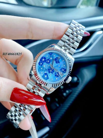 Đồng hồ nữ Rolex Lady Datejust mặt xanh vân hoa viền trơn cao cấp