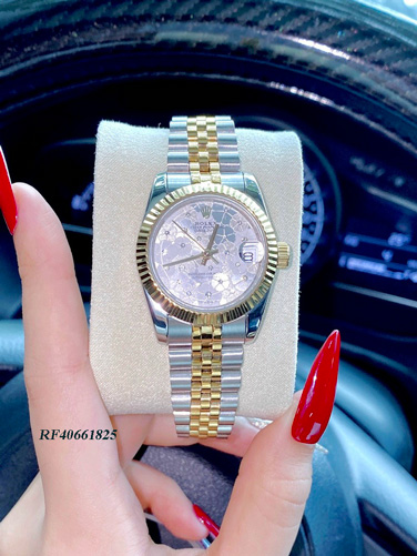 Đồng hồ nữ Rolex Lady Datejust mặt hồng vân hoa viền trơn cao cấp