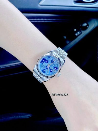 Đồng hồ nữ Rolex Lady Datejust mặt xanh vân hoa viền trơn cao cấp