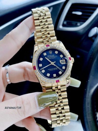 Đồng Hồ nữ Rolex Oyster DATEJUST nữ dây vàng mặt xanh blue cao cấp