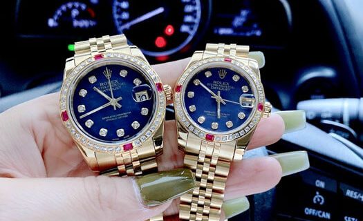 Đồng Hồ nữ Rolex Oyster DATEJUST nữ dây vàng mặt xanh blue cao cấp